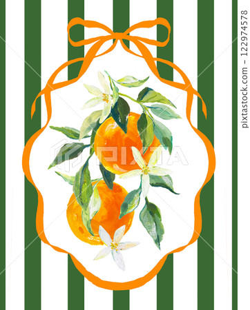 Beautiful composition with watercolor fresh oranges with leaves and flowers and blue bows in sunny Mediterranean style. Ready clip art for your design. Beautiful composition with watercolor fresh oranges with leaves and flowers and blue bows in sunny Mediterranean style. Ready clip art for your design. 122974578