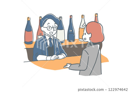 Illustration of a male clerk and a female customer serving at a liquor store 122974642