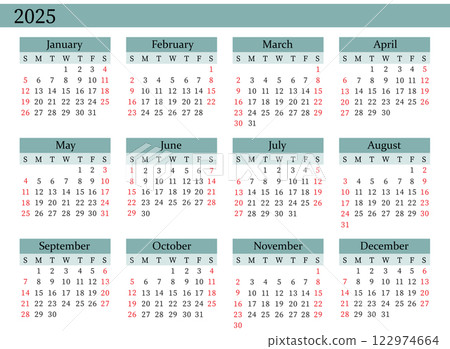2025 Yearly Calendar Vector in Blue, Sunday Start, Clean Design, Printable Template 122974664