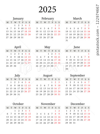 2025 Yearly Calendar Vector Vertical, Monday Start, Clean Design, Printable Template 122974667