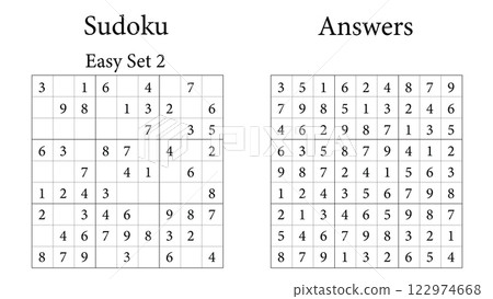 Sudoku Puzzle 9x9 Set 2 Very Easy with Answers, Fun Brain-Training Game for Kids, Teens and Adults, Vector 122974668