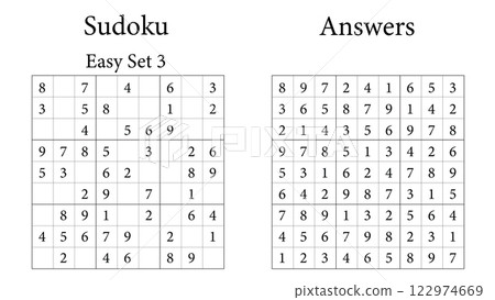 Sudoku Puzzle 9x9 Set 3 Very Easy with Answers, Fun Brain-Training Game for Kids, Teens and Adults, Vector 122974669