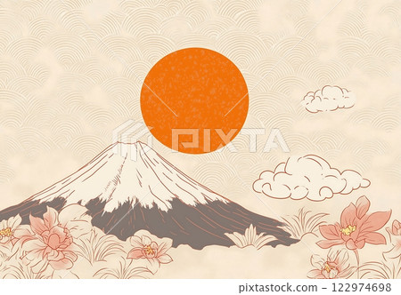 Traditional Japanese pattern background with Mt. Fuji and a red sun 122974698