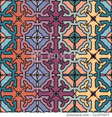 Seamless colorful ornament. Abstract pattern for clothing, textile embroidery and knitting. A background for textures, prints, wallpapers and an idea for creative design Seamless colorful ornament. Abstract pattern for clothing, textile embroidery and knitting. A background for textures, prints, wallpapers and an idea for creative design 122974875