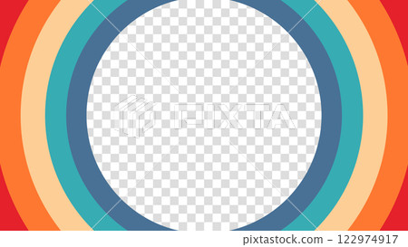 Abstract 1970's 1980's 1960's background with circles element and retro colors. Design in futuristic retro style with transparent circle. Vector funky illustration. 122974917