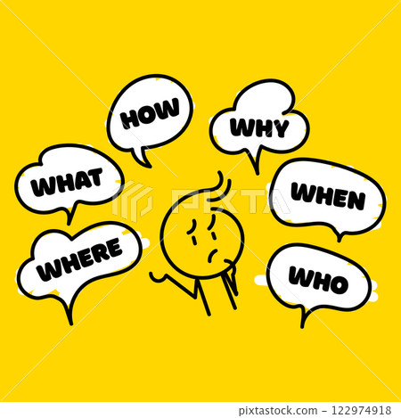 Question who, what, how, why, for what and where. Speech bubble with ask question and doodle stick man. Vector illustration on yellow background. Vector illustration. Speak english. 122974918