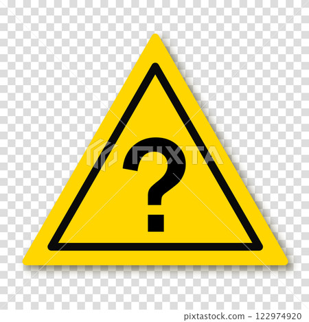 Question point in a yellow triangle with a shadow. Symbol of question. Who, what, how, why, for what and where. Vector illustration on a transparent background. 122974920