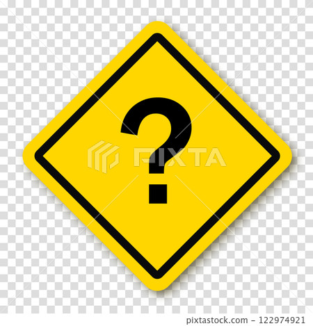 Question point in a yellow square or rhombus with a shadow. Symbol of question. Who, what, how, why, for what and where. Vector illustration on a transparent background. 122974921