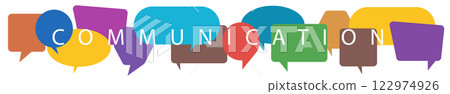 Text on a illustration COMMUNICATION. Flat style. Word communication with colorful multicolored dialog speech bubbles. Vector illustration of communication concept on white isolated background. Text on a illustration COMMUNICATION. Flat style. Word communication with colorful multicolored dialog speech bubbles. Vector illustration of communication concept on white isolated background. 122974926