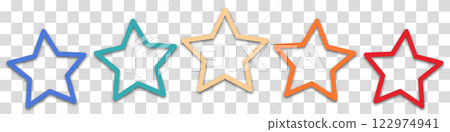 Colorful rating 5 stars in retro style on a transparent background. Feedback concept for mobile app or website. Quality shape design. Vector illustration in 1970s 1980s 1960s style. 122974941