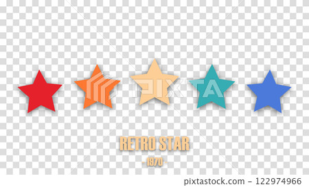 Colorful rating 5 stars in retro style on a transparent background. Feedback concept for mobile app or website. Quality shape design. Vector illustration in 1970s 1980s 1960s style. 122974966