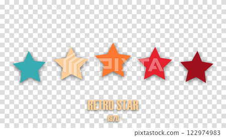 Colorful rating 5 stars in retro style on a transparent background. Feedback concept for mobile app or website. Quality shape design. Vector illustration in 1970s 1980s 1960s style. 122974983
