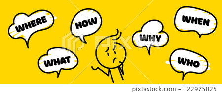 Question who, what, how, why, for what and where. Speech bubble with ask question and doodle stick man. Vector illustration on yellow background. Vector illustration. Speak english. Question who, what, how, why, for what and where. Speech bubble with ask question and doodle stick man. Vector illustration on yellow background. Vector illustration. Speak english. 122975025