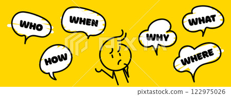 Question who, what, how, why, for what and where. Speech bubble with ask question and doodle stick man. Vector illustration on yellow background. Vector illustration. Speak english. 122975026