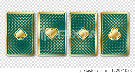 Four beautiful playing cards. The backside cards are green. Vector illustration on a transparent background. 122975058