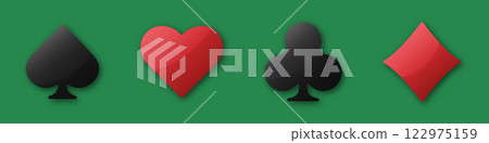 Set collection gambling sign symbol of playing card suits and chips for poker and casino. Hearts, clubs, diamonds and spades on an isolated background. Set collection gambling sign symbol of playing card suits and chips for poker and casino. Hearts, clubs, diamonds and spades on an isolated background. 122975159