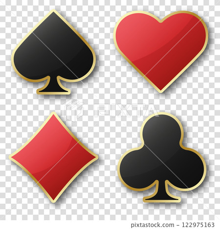 Glossy playing card suit symbols with gold border. Hearts diamonds clubs spades sign. Vector illustration chip with shadows on transparent background. 122975163