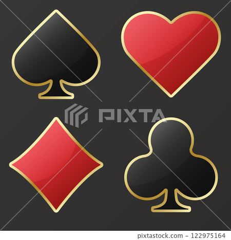 Set collection gambling sign symbol of playing card suits and chips for poker and casino. Hearts, clubs, diamonds and spades on an isolated background. Set collection gambling sign symbol of playing card suits and chips for poker and casino. Hearts, clubs, diamonds and spades on an isolated background. 122975164