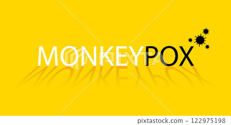 Banner with yellow background and text in black and white Monkeypox and with a small virus icon. The concept of a new monkey pox virus. Vector illustration. 122975198