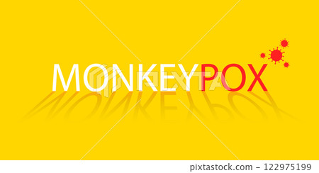 Banner with yellow background and text in red and white Monkeypox and with a small virus icon. The concept of a new monkey pox virus. Vector illustration. 122975199