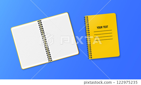 A notebook with a vertical spring. Notepad in a cage grid with a white sheet. Vector illustration on blue background A notebook with a vertical spring. Notepad in a cage grid with a white sheet. Vector illustration on blue background 122975235