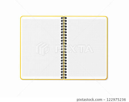 Yellow open notebook with vertical spiral. Blank sheets in a cage. Vector illustration on a white isolated background. Realistic 3D mock up. Yellow open notebook with vertical spiral. Blank sheets in a cage. Vector illustration on a white isolated background. Realistic 3D mock up. 122975236