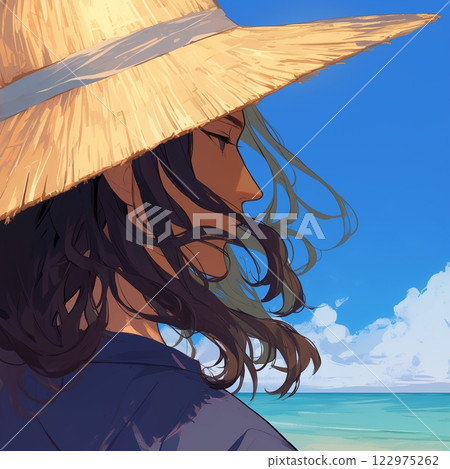 Straw hat blowing in the sea breeze | Summer memories and quiet time 122975262