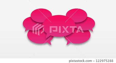 Set of pink, purple or lilac color speech bubble text, chatting box, message box outline cartoon. Icon or sign speak text message . Balloon doodle style of thinking sign symbol. Vector illustration on 122975288