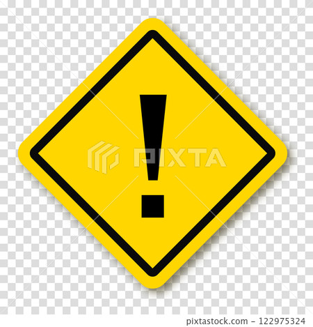 Exclamation point in yellow square or rhombus with shadow. Symbol of caution. Danger warning mark sign. Vector illustration on a transparent background. 122975324