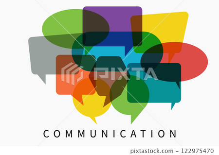 Word communication with colorful multicolored dialog speech bubbles. Vector illustration of communication concept on white isolated background. Word communication with colorful multicolored dialog speech bubbles. Vector illustration of communication concept on white isolated background. 122975470