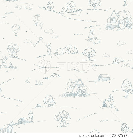 Vintage Landscape vector seamless pattern. Stock hand drawn Illustration. Toile de Jouy design featuring picturesque countryside views. 122975573