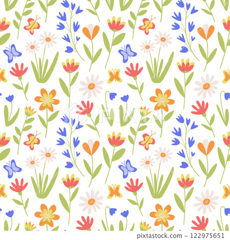 Colorful seamless pattern with simple small flowers and butterflies, hand-drawn vector background, Spring holidays, romantic summer flower garden, textile and postcard decoration. Colorful seamless pattern with simple small flowers and butterflies, hand-drawn vector background, Spring holidays, romantic summer flower garden, textile and postcard decoration. 122975651