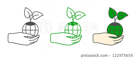 The icon is a plant, a sprout in the form of an icon in the hand on the globe. A collection of contours. Illustration of the symbol, logo of ecology, agriculture. A set of icons in different styles. 122975659