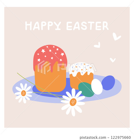 Easter vector illustration with a festive cake with icing, eggs and blooming daisies. A spring set of elements for the design of banners, postcards in honor of Easter celebrations. 122975660