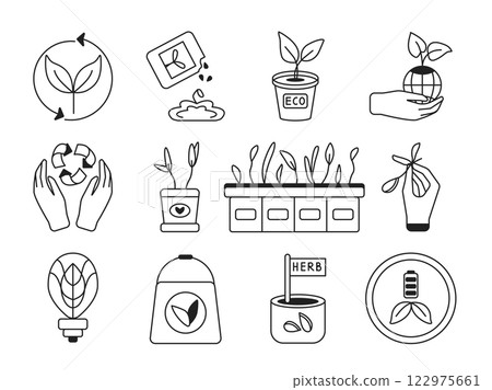 Growing plants, a set of vector linear icons. The includes plants, sprouts, ecological emblems, Green energy, planet Earth, Symbol of recycling, Seedlings. Biotechnologies, environmental protection. Growing plants, a set of vector linear icons. The includes plants, sprouts, ecological emblems, Green energy, planet Earth, Symbol of recycling, Seedlings. Biotechnologies, environmental protection. 122975661