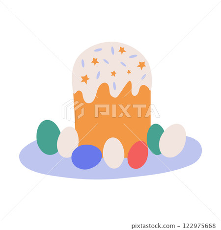 Easter holiday cake on a plate with colored eggs. Vector illustration, a design element for celebrating Easter. Easter holiday cake on a plate with colored eggs. Vector illustration, a design element for celebrating Easter. 122975668
