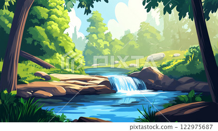 平靜溪流的自然插畫 122975687