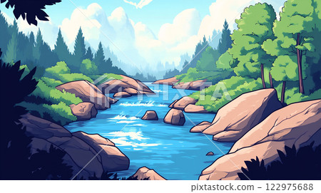 平靜溪流的自然插畫 122975688