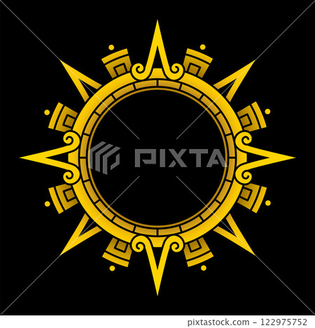 Golden Aztec solar disk, sun symbol, and diadem, representing the Aztec sun deity Tonatiuh. Arrows or sun rays pointing in cardinal directions, with further subdivisions for inter-cardinal directions. Golden Aztec solar disk, sun symbol, and diadem, representing the Aztec sun deity Tonatiuh. Arrows or sun rays pointing in cardinal directions, with further subdivisions for inter-cardinal directions. 122975752