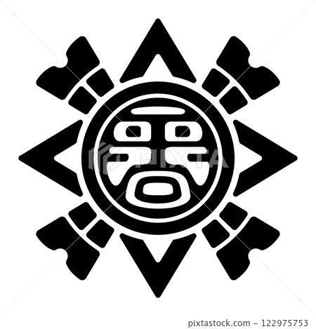 Sun emblem, an ancient Mexican motif for flat clay stamps. Pre-Columbian symbol, representing the Aztec sun deity Tonatiuh, found in Veracruz. Isolated black and white illustration over white. Vector Sun emblem, an ancient Mexican motif for flat clay stamps. Pre-Columbian symbol, representing the Aztec sun deity Tonatiuh, found in Veracruz. Isolated black and white illustration over white. Vector 122975753