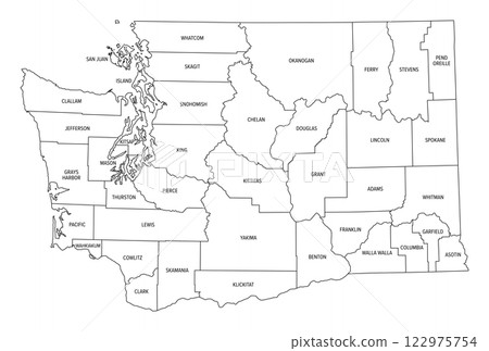 State of Washington subdivided into 39 counties, outline map. Westernmost state in the Pacific Northwest region of United States, nicknamed The Evergreen State. Map with boundaries and county names. 122975754