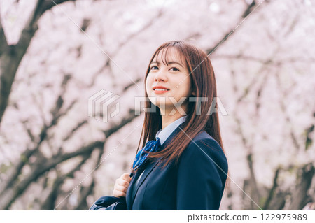High school girl looking at cherry blossoms 122975989