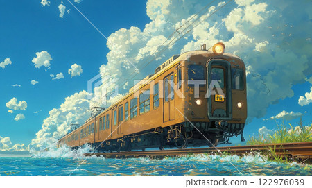 藍天白雲下海岸行駛的火車插圖 122976039