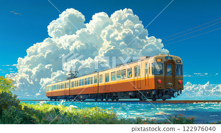 藍天白雲下海岸行駛的火車插圖 122976040