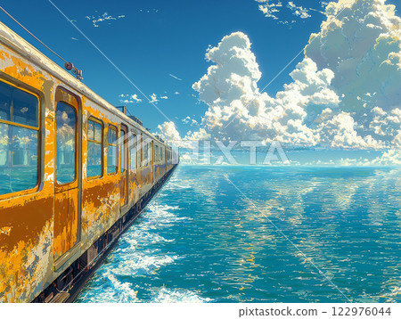 藍天白雲下海岸行駛的火車插圖 122976044