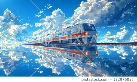 藍天白雲下海岸行駛的火車插圖 122976055