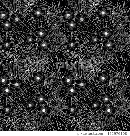 A black and white floral pattern with many small white flowers The flowers are arranged in a way that creates a sense of depth and movement. Scene is serene and calming 122976108