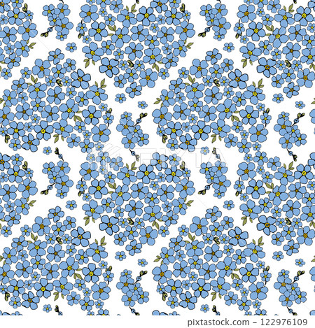 A blue and white floral hearts pattern with a white background The blue forget me not flowers are arranged in a striped pattern 122976109