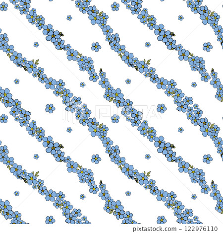 A blue and white floral pattern with a white background The blue forget me not flowers are arranged in a striped pattern 122976110