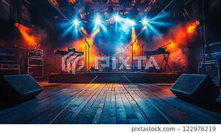 A live music venue illuminated by stage lights 122976219